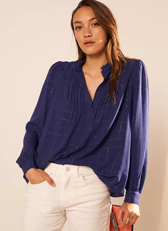 Sale Sud Express Blouse A Col Monte Avec Volant Bleu Blouisa