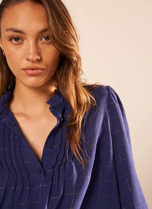 Sale Sud Express Blouse A Col Monte Avec Volant Bleu Blouisa