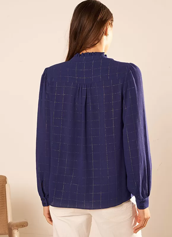 Sale Sud Express Blouse A Col Monte Avec Volant Bleu Blouisa