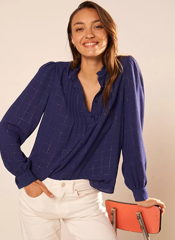 Sale Sud Express Blouse A Col Monte Avec Volant Bleu Blouisa