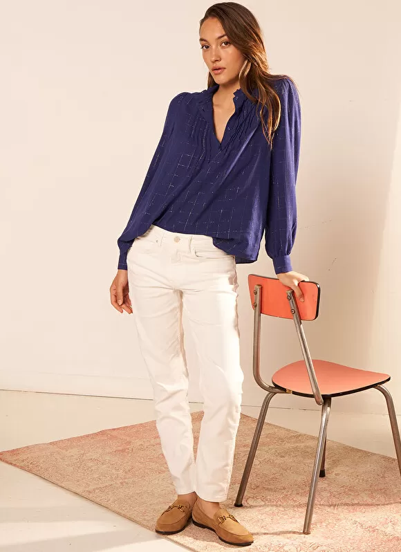 Sale Sud Express Blouse A Col Monte Avec Volant Bleu Blouisa