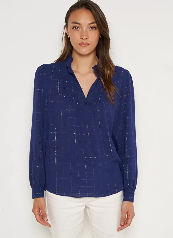 Sale Sud Express Blouse A Col Monte Avec Volant Bleu Blouisa