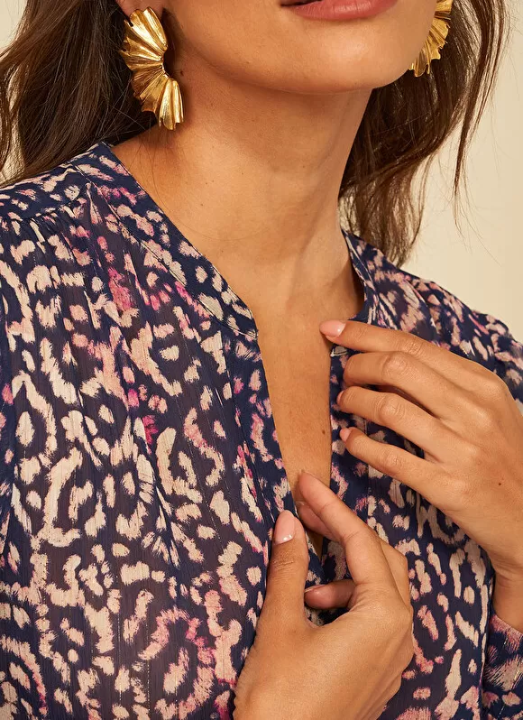 New Sud Express Blouse A Imprime Col Tunisien Marine Touza