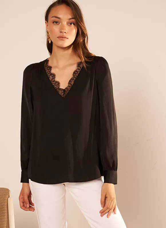 Clearance Sud Express Blouse, Col V Avec Insert De Dentelle Noir Brice