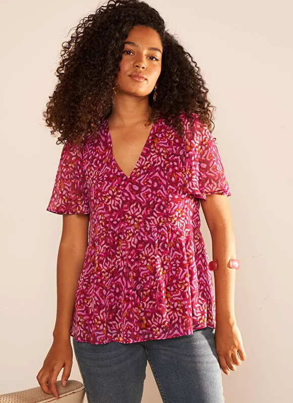 Online Sud Express Blouse Imprime Encolure V Framboise Tajorie