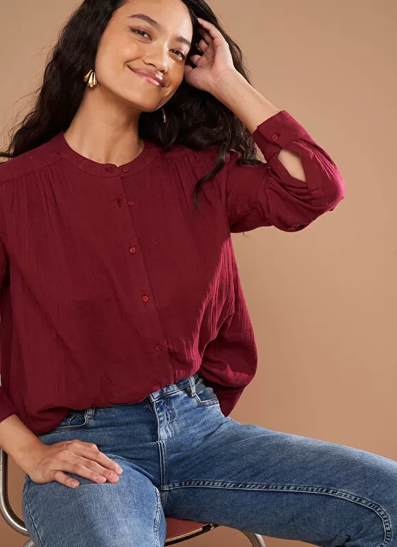 Outlet Sud Express Chemise A Col Rond Bordeaux Cameline