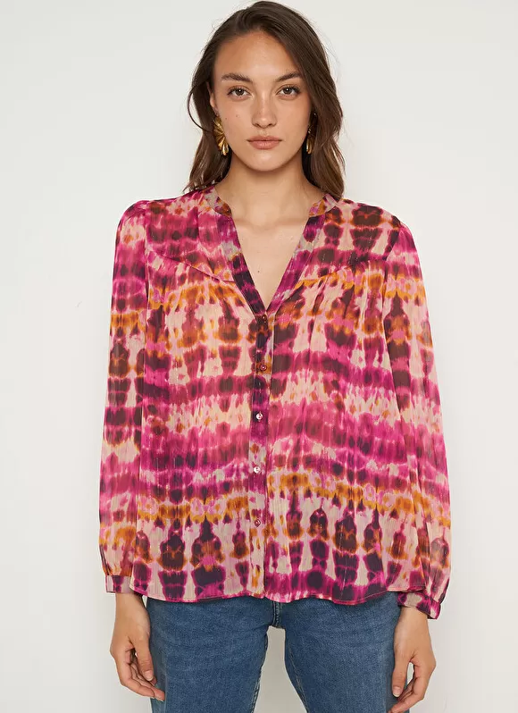 Best Sale Sud Express Chemise Imprime A Col Tunisien Et Manche... Framboise Calanque