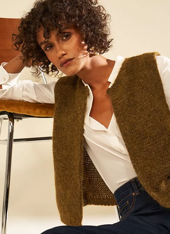 Best Sud Express Gilet Court Et Ouvert, En Mohair Et Alpaga Kaki Gotanax