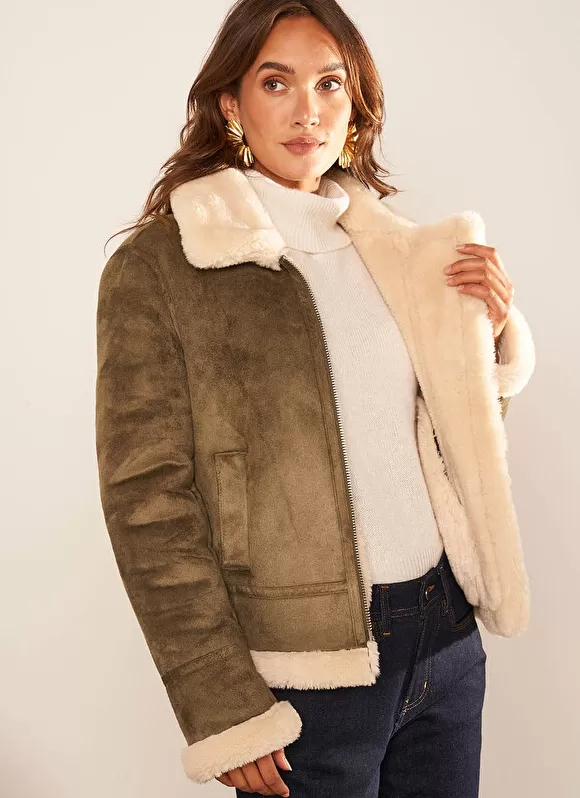 Hot Sud Express Manteau En Fausse Peau Lainee Kaki Malvino