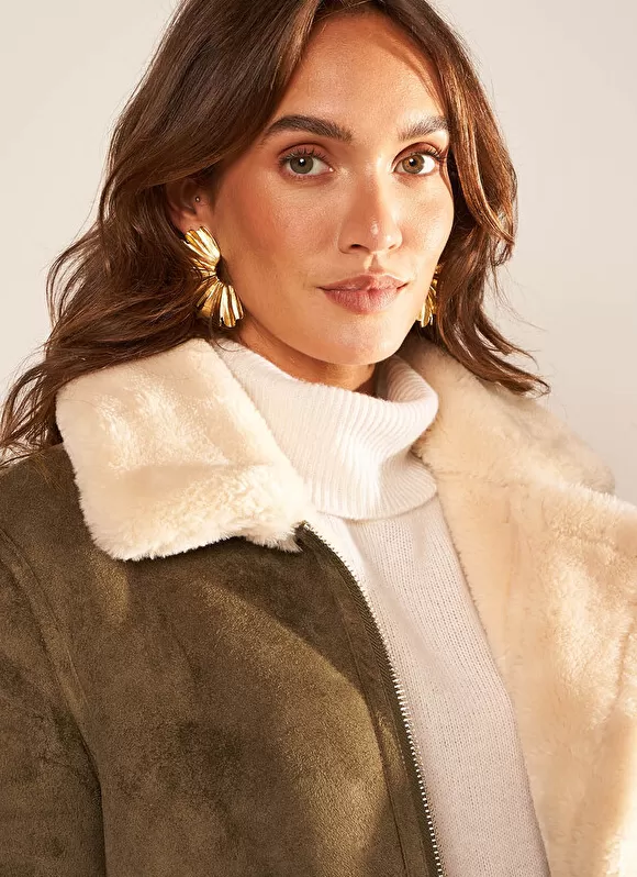 Hot Sud Express Manteau En Fausse Peau Lainee Kaki Malvino