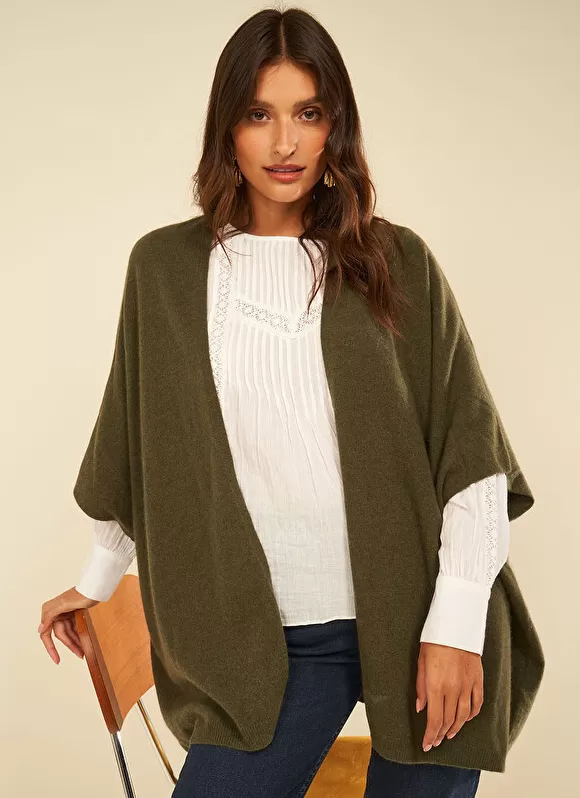 Store Sud Express Poncho Long Et Ouvert Pur Cachemire Kaki Gwenaelle