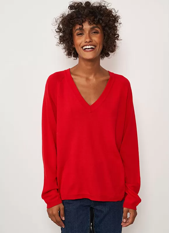 Clearance Sud Express Pull A Col V Au Tricotage Jersey Rouge Madeleina