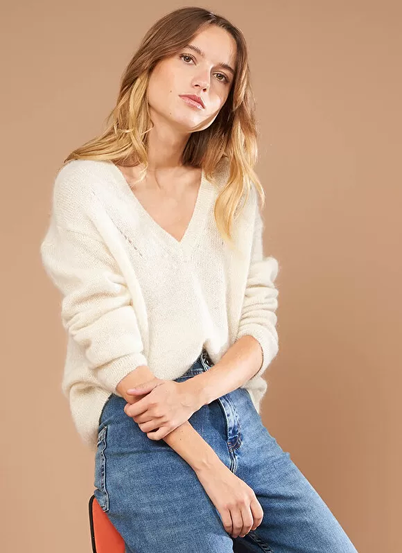 Best Sale Sud Express Pull A Col V En Mohair Ecru Mannakayx Style Ensoleille