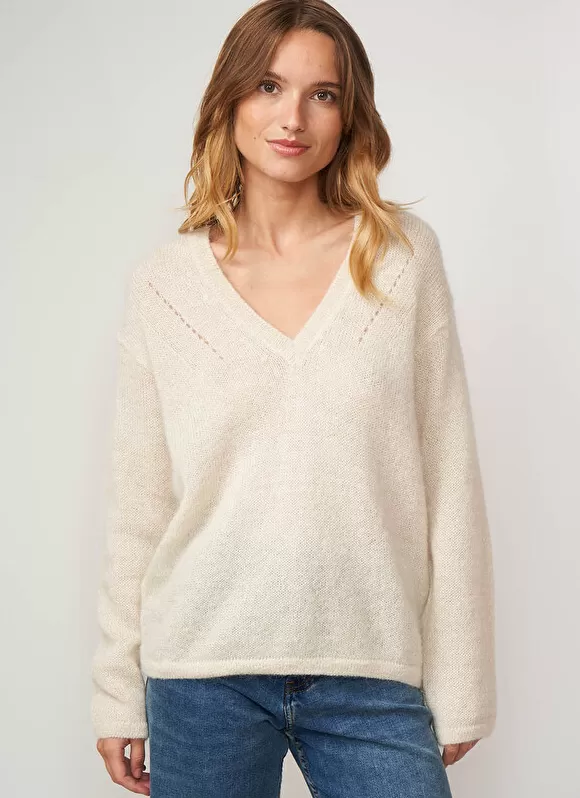 Best Sale Sud Express Pull A Col V En Mohair Ecru Mannakayx