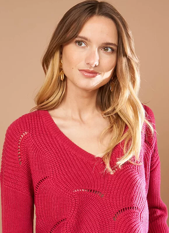 Shop Sud Express Pull Col V Au Tricotage Ajoure Framboise Matido