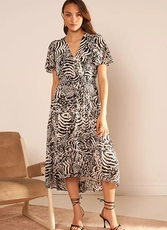 New Sud Express Robe Longue Imprimee A Manches Courtes Volantees Noir Resina