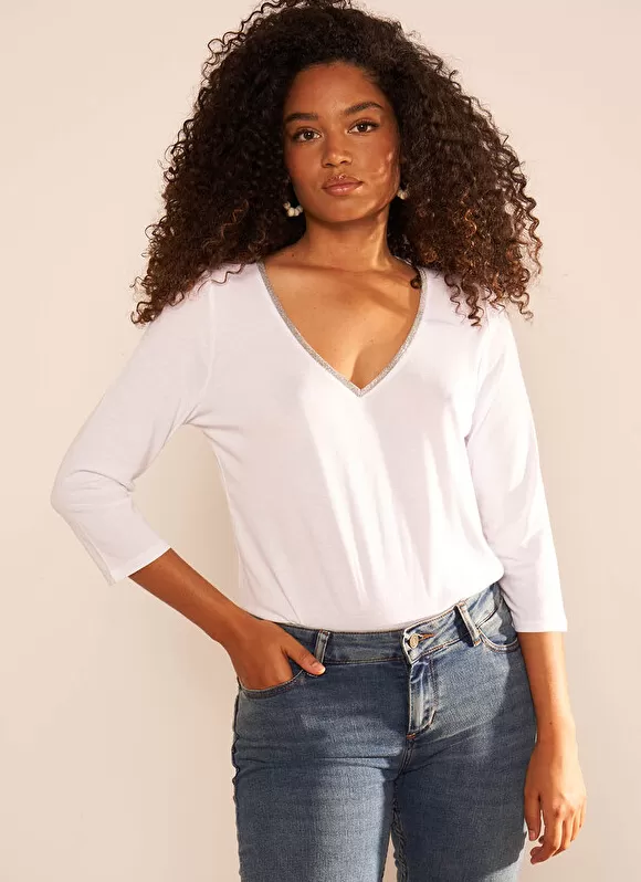 Hot Sud Express Tee-Shirt Col V Et Manches 3/4 Blanc Tonyla