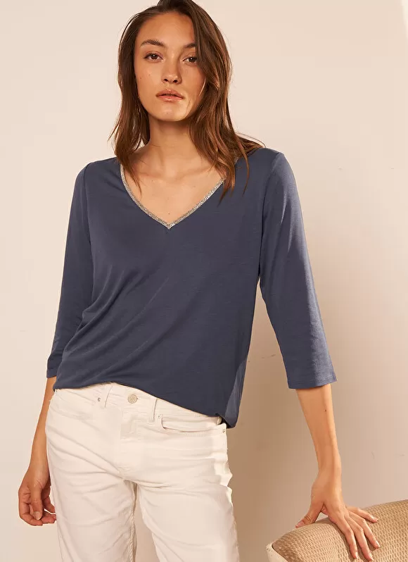 Hot Sud Express Tee-Shirt Col V Et Manches 3/4 Indigo Tonyla