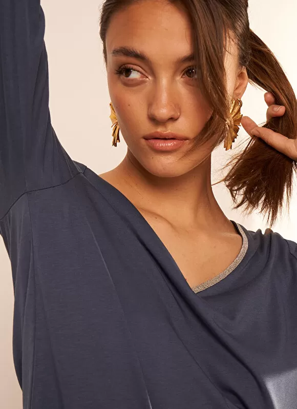 Hot Sud Express Tee-Shirt Col V Et Manches 3/4 Indigo Tonyla