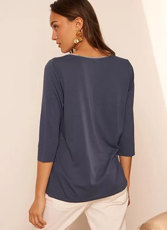 Hot Sud Express Tee-Shirt Col V Et Manches 3/4 Indigo Tonyla