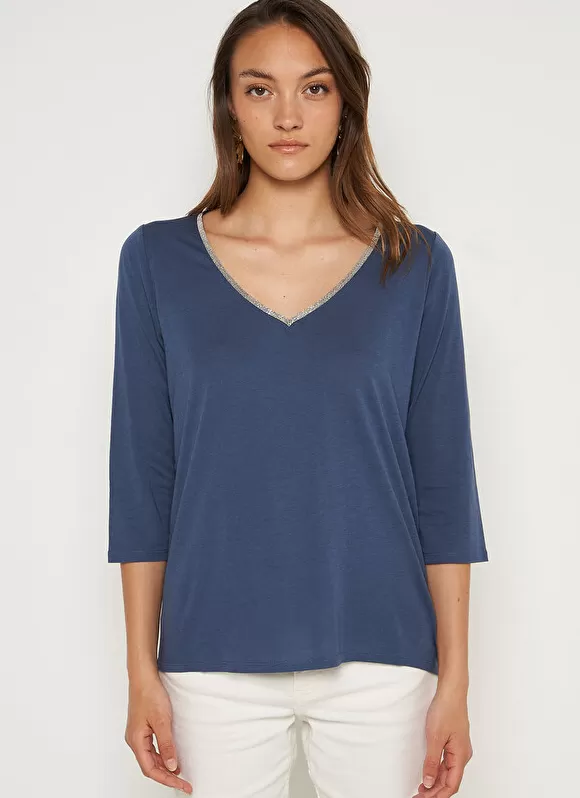 Hot Sud Express Tee-Shirt Col V Et Manches 3/4 Indigo Tonyla
