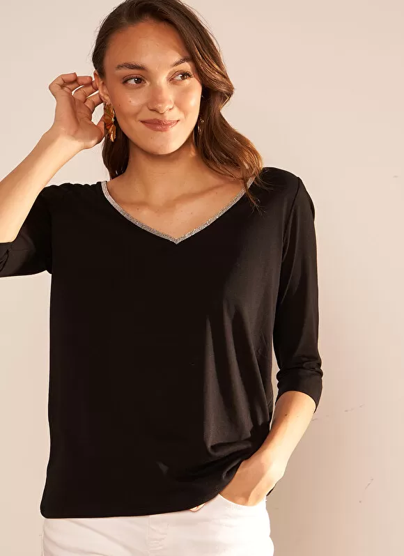 Best Sale Sud Express Tee-Shirt Col V Et Manches 3/4 Noir Tonyla