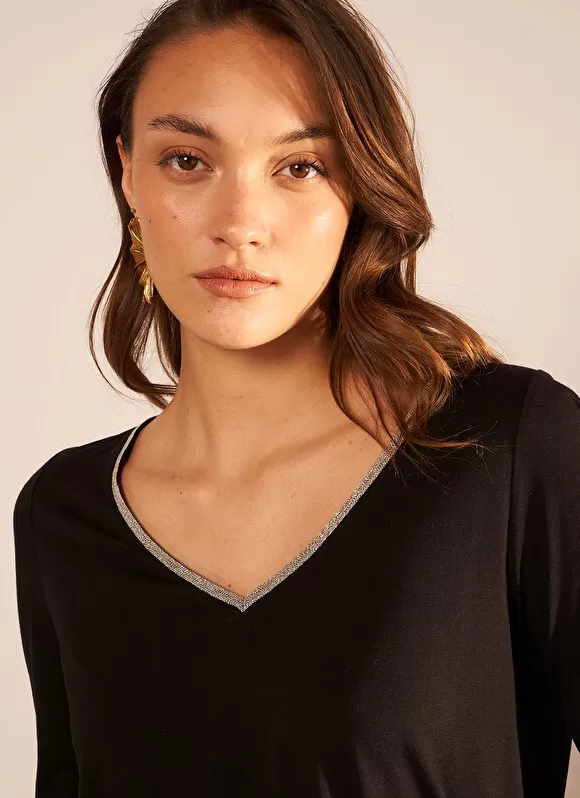 Best Sale Sud Express Tee-Shirt Col V Et Manches 3/4 Noir Tonyla
