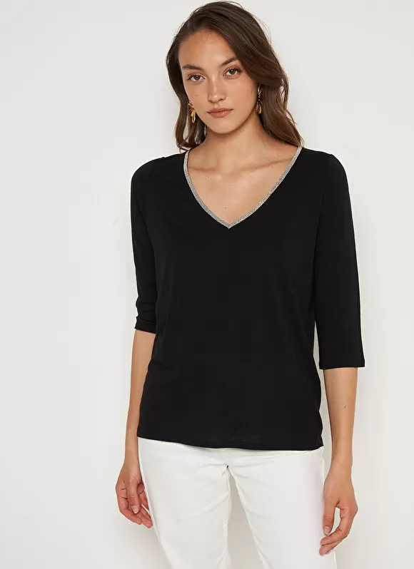 Best Sale Sud Express Tee-Shirt Col V Et Manches 3/4 Noir Tonyla