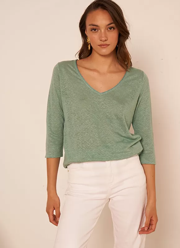 Best Sale Sud Express T-Shirt En Lin A Manches 3/4 Et Col V Amande Tomeoh