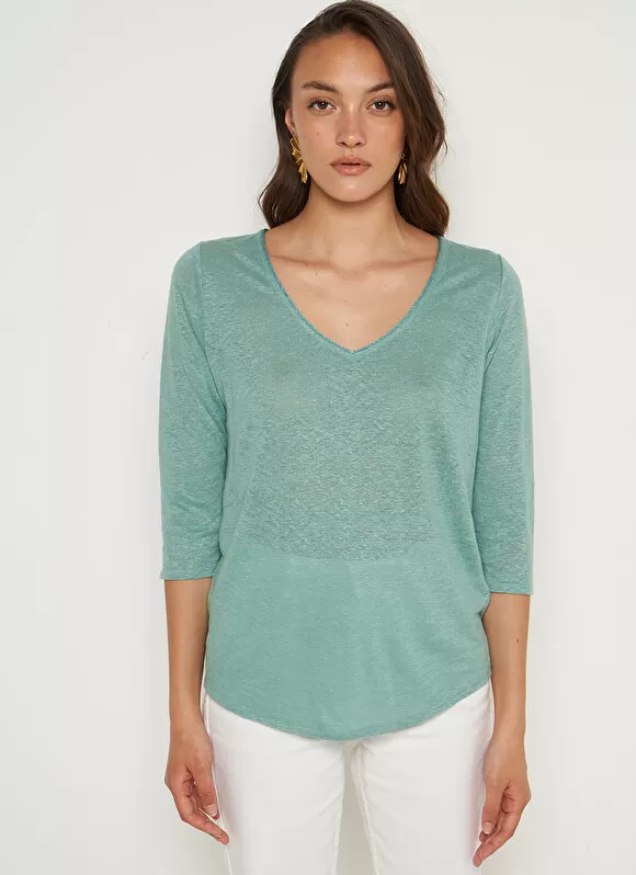 Best Sale Sud Express T-Shirt En Lin A Manches 3/4 Et Col V Amande Tomeoh