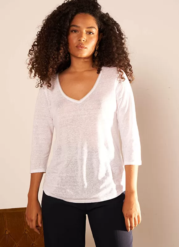 Cheap Sud Express T-Shirt En Lin A Manches 3/4 Et Col V Blanc Tomeoh