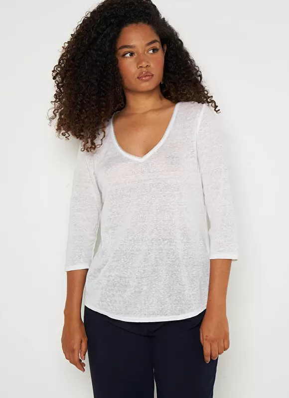 Cheap Sud Express T-Shirt En Lin A Manches 3/4 Et Col V Blanc Tomeoh