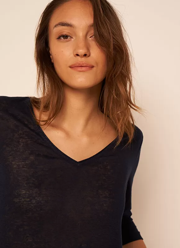 Hot Sud Express T-Shirt En Lin A Manches 3/4 Et Col V Marine Tomeoh