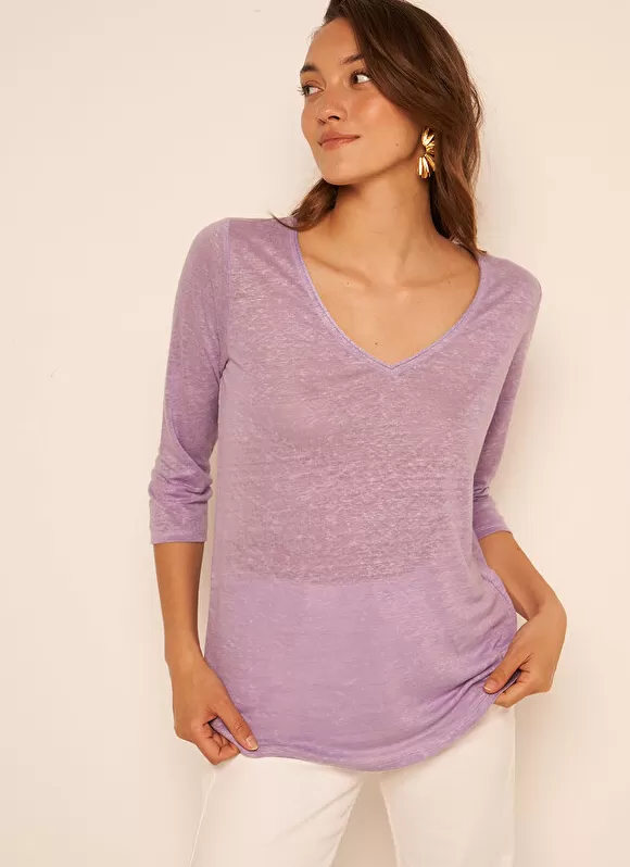 Fashion Sud Express T-Shirt En Lin A Manches 3/4 Et Col V Parme Tomeoh