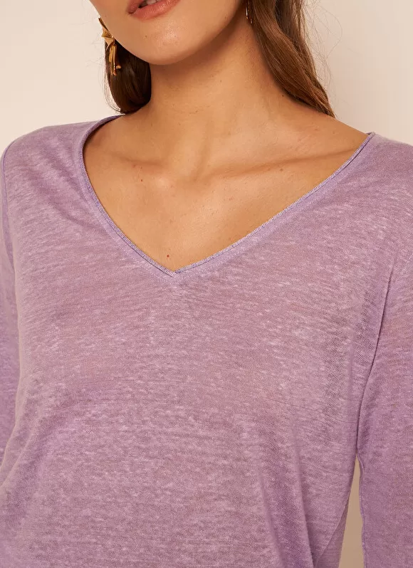 Fashion Sud Express T-Shirt En Lin A Manches 3/4 Et Col V Parme Tomeoh