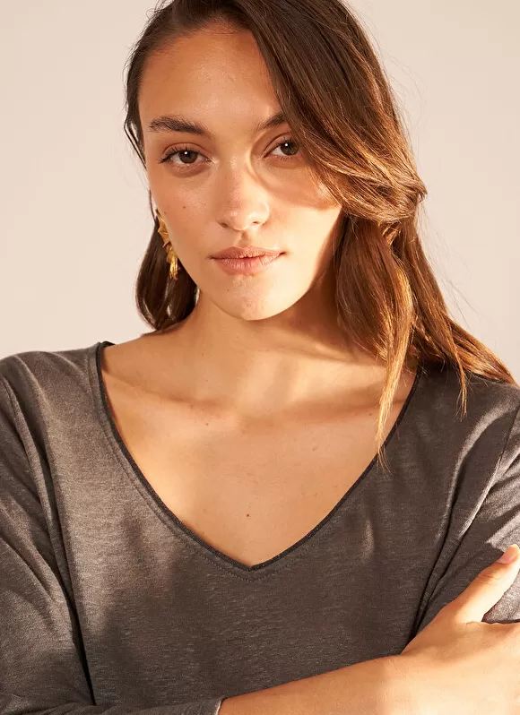 Outlet Sud Express T-Shirt En Lin A Manches 3/4 Et Col V Plomb Tomeoh