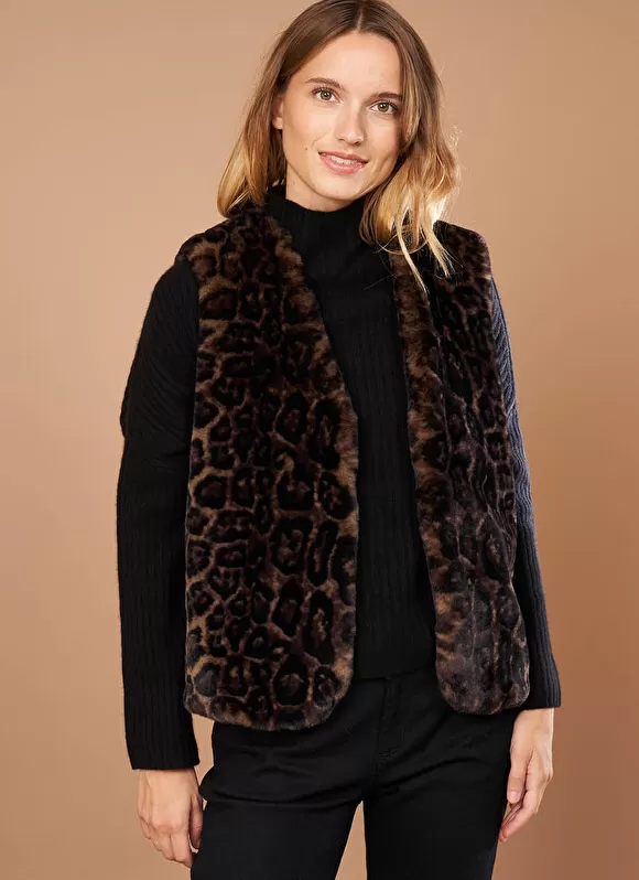 Discount Sud Express Veste Sans Manches En Fausse Fourrure Leopard Camel Garonka